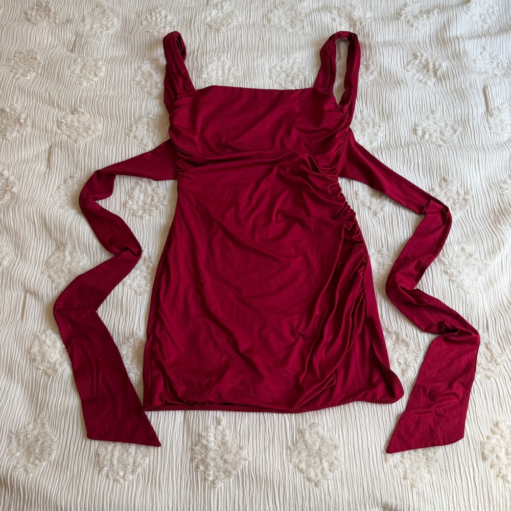 Thats So Fetch Deanna Mini Dress Burgundy Red Ruched Tie Waist Party US 10 NWT